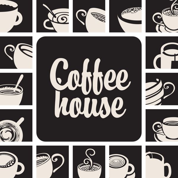 بنر قهوه خانه با فنجان های تصویری در پس زمینه مشکی