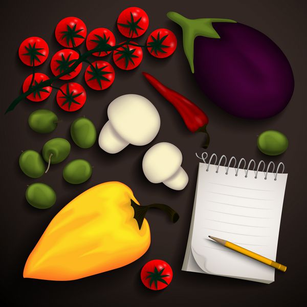 سبزیجات برای یک غذای خوشمزه گیاهی و یک دفترچه برای دستور العمل ها لطفا برای متن شما وکتور
