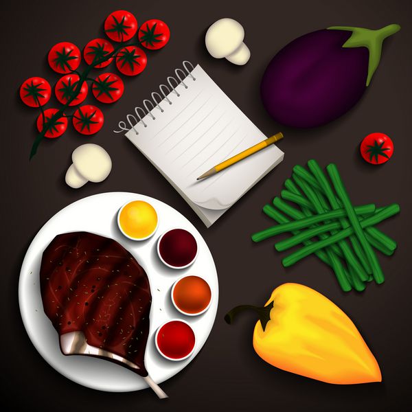 استیک کبابی و سبزیجات برای یک غذای خوشمزه و یک دفترچه برای دستور العمل ها لطفا برای متن شما وکتور