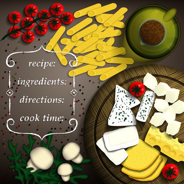 مواد لازم برای پخت ماکارونی پنه سبزیجات سبزی قارچ روغن زیتون و پنیر در بشقاب چوبی لطفا برای متن شما وکتور