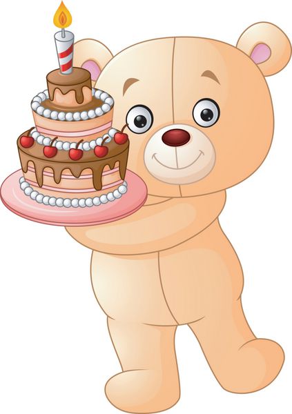 خرس کیک تولد در دست دارد