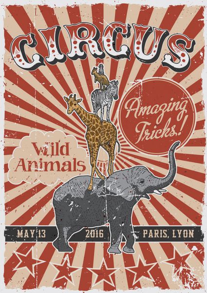 پوستر قدیمی سیرک با حیوانات طراحی شده با دست - فیل زرافه گورخر کانگورو و سگ