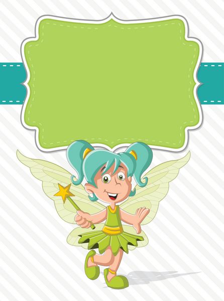 کارت سبز با یک دختر پری کارتونی زیبا در پس زمینه طبیعت رنگارنگ