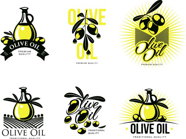 مجموعه لوگو در مورد روغن زیتون لوگوهای وکتور وکتور جدا شده در پس زمینه سفید لوگوهای ساده با زیتون و روغن زیتون نمادهای طراحی رنگی سیاه و زرد