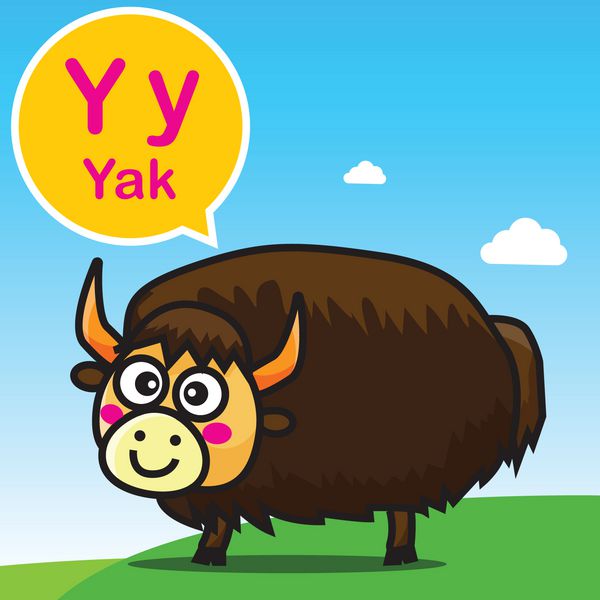 وکتور کارتون و الفبای رنگی yak برای یادگیری کودکان