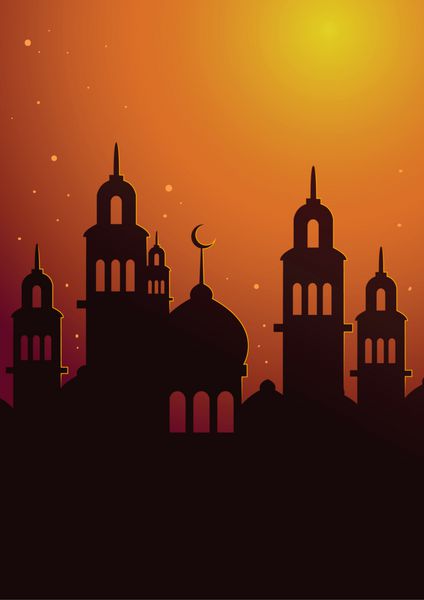 شبح مسجد اسلامی با پس زمینه پوستر آسمان غروب خورشید