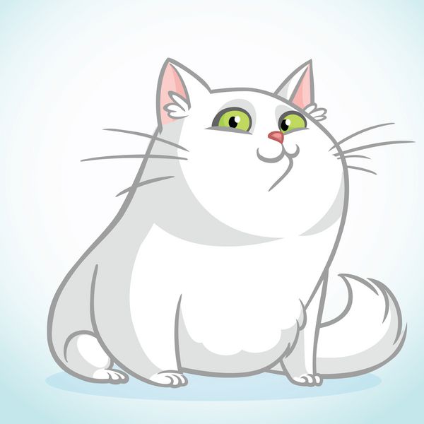 گربه چاق سفید با چشمان سبز نشسته وکتور تصویر گربه کارتونی