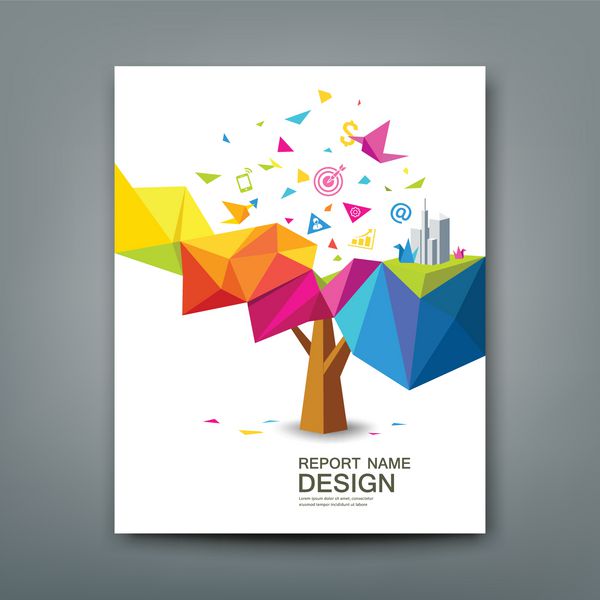 جلد گزارش درخت هندسی رنگارنگ با کاغذ پرنده با طرح مفهومی نمادهای تجاری