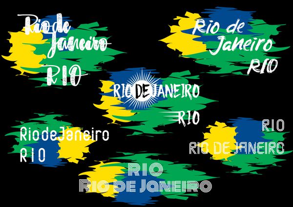 طراحی عناصر تایپوگرافی برای برچسب برزیلی نشان پوستر بنر کارت با دو نام متفاوت ریو و دو ژانیرو به سبک های مختلف جدا شده بر روی پس زمینه سیاه و رنگ پرچم برزیل
