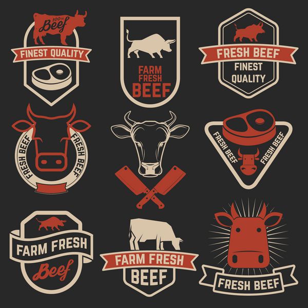 مجموعه ای از برچسب های گوشت گاو تازه نشان قصابی عنصر طراحی