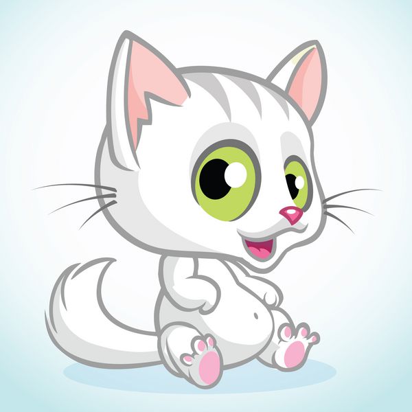 بچه گربه سفید ناز با چشمان سبز نشسته وکتور تصویر گربه کارتونی