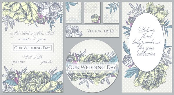 مجموعه ای از قالب ها برای جشن عروسی وکتور از گل پس زمینه با گل صد تومانی های زیبا
