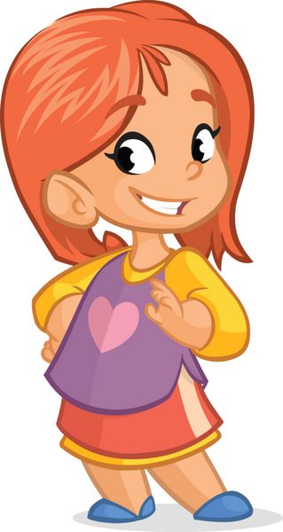 دختر کوچولوی ناز با موهای قرمز وکتور شخصیت به سبک کارتونی در دامن پیراهن