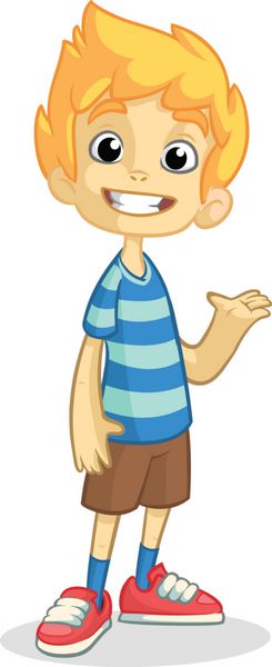 پسر ناز در حال تکان دادن و لبخند زدن وکتور تصویر کارتونی یک نوجوان در یک تی شرت آبی راه راه ارائه