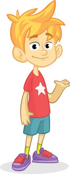 پسر ناز در حال تکان دادن و لبخند زدن وکتور تصویر کارتونی یک نوجوان در ارائه تی شرت قرمز