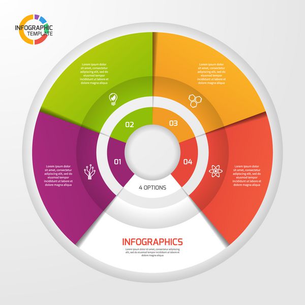الگوی اینفوگرافی دایره وکتور برای نمودارها نمودارها نمودارها مفهوم نمودار دایره ای با 4 گزینه بخش مراحل فرآیند