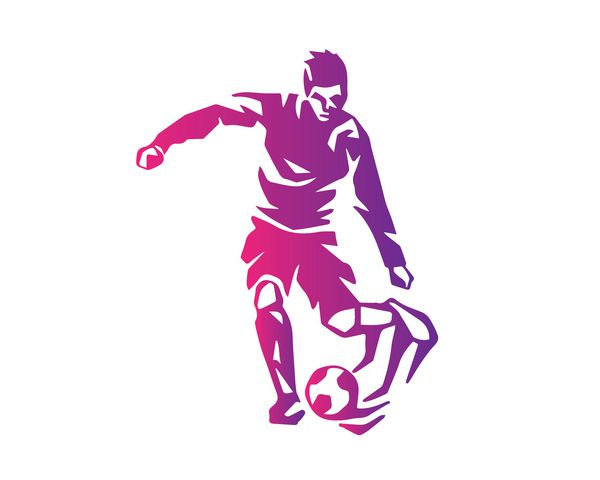 لوگوی فوتبالیست مدرن در اکشن - دریبل زدن پنالتی تهاجمی بنفش