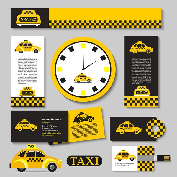 تاکسی مجموعه ای از عناصر هویت شرکتی تقویم ماشین تجاری