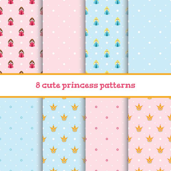 8 وکتور الگوی صورتی و آبی بدون درز با شاهزاده خانم های زیبا گل های کوچک تاج ها و نقطه های زیبا
