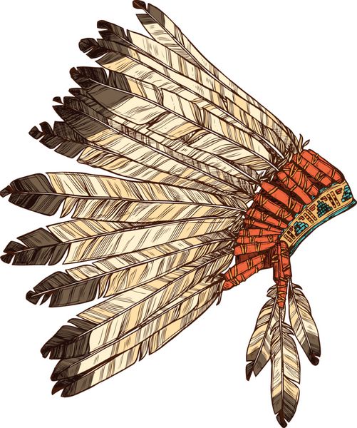 روسری هندی بومی آمریکا در نمایه کشیده شده با دست وکتور رنگی از نمای کناری کلاه پر قبایل هندی
