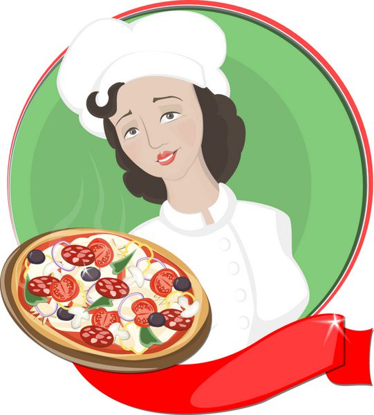 آشپزی که یک پیتزای خوشمزه ایتالیایی را روی سینی نگه داشته است