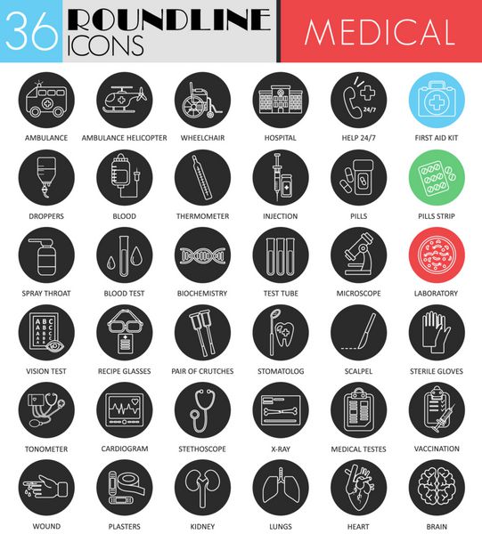 وکتور دایره پزشکی پزشکی مجموعه آیکون سیاه سفید طراحی آیکون خط مشکی مدرن برای وب