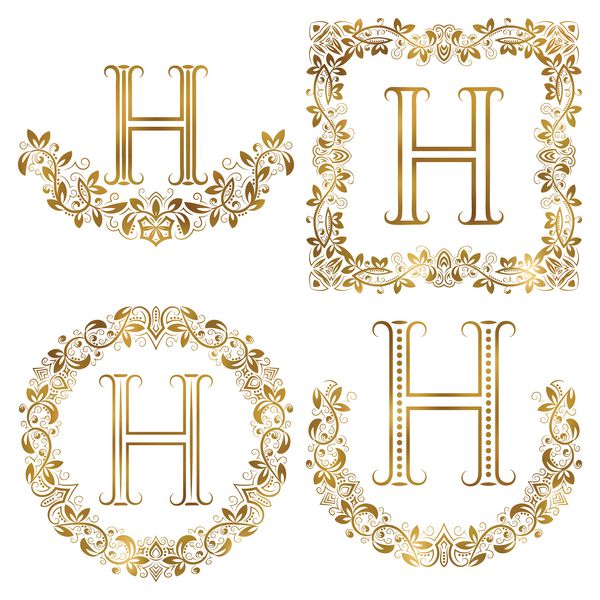 مجموعه مونوگرام های زینتی حرف h طلایی نمادهای هرالدیک در تاج گل ها قاب های مربع و گرد