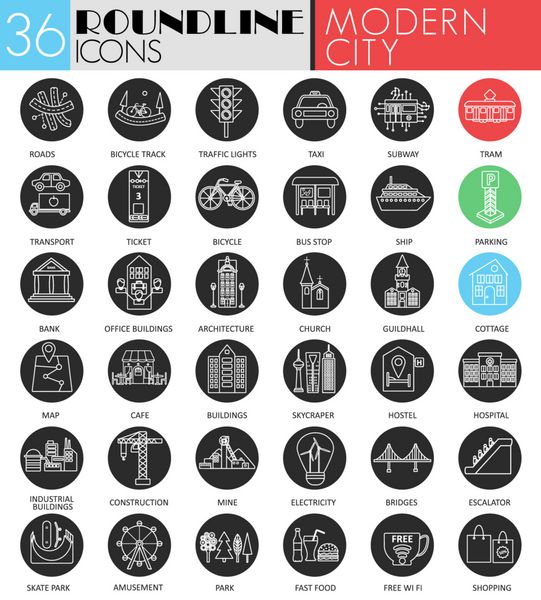 مجموعه آیکون های دایره شهر زندگی شهری سیاه و سفید طراحی آیکون خط مشکی مدرن برای وب