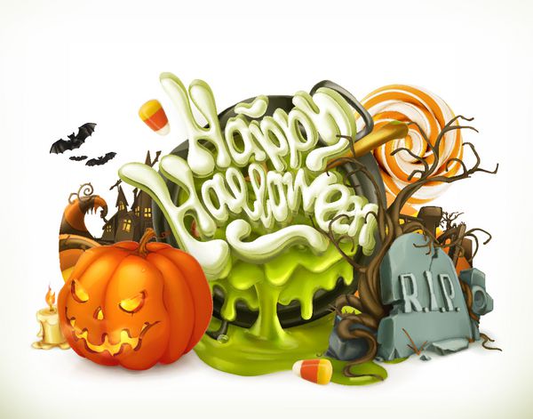 نشان وکتور سه بعدی هالووین مجموعه ای از شخصیت ها و اشیاء کارتونی متن تبریک هالووین مبارک برای آگهی ها و پوسترها