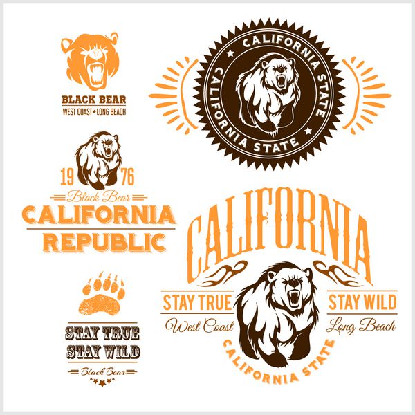 مجموعه ای از نشان های رترو شیک با خرس - جمهوری کالیفرنیا