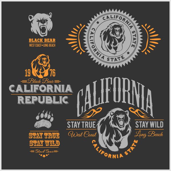 مجموعه ای از نشان های رترو شیک با خرس - جمهوری کالیفرنیا