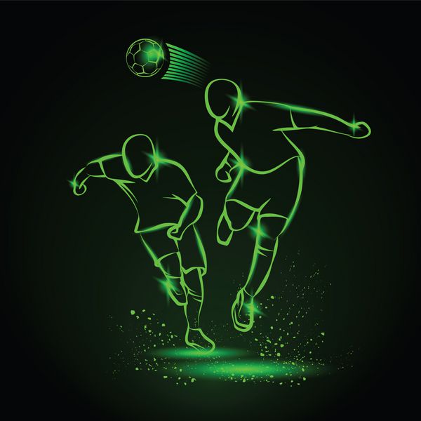 دو بازیکن فوتبال که برای توپ می جنگند تصویر نئون سبز بازیکن فوتبال که با سر توپ را می زند پس زمینه انرژی ورزشی