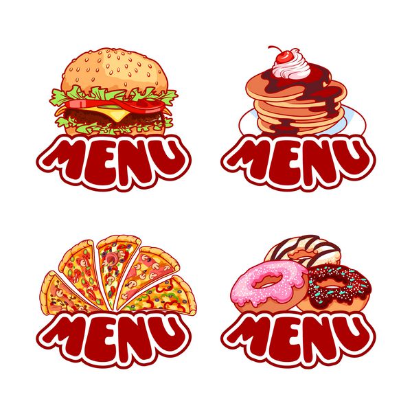 قالب چهار لوگو با غذاهای مختلف برای طراحی منو