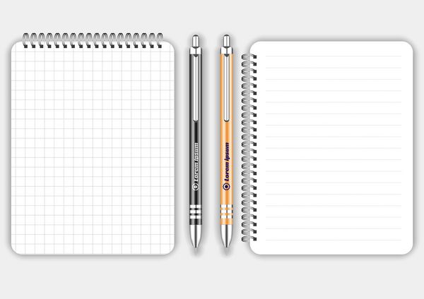 دفترچه یادداشت مارپیچی مربع و خط‌دار واقع‌گرایانه خالی با خودکار سیاه و نارنجی جدا شده روی وکتور سفید ماکت نمایش برای هویت سازمانی و اشیاء تبلیغاتی