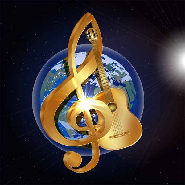 کلید تریبل طلایی با گیتار آکوستیک طلایی در sp در پس زمینه سیاره زمین با نور و فلاش روشن