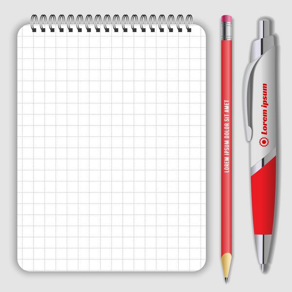 دفترچه یادداشت خودکار و مداد مارپیچی خالی واقع گرایانه بر روی وکتور سفید جدا شده است ماکت نمایش برای هویت سازمانی و اشیاء تبلیغاتی