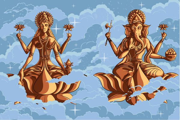 الهه هندی لاکشمی و گانشا روی نیلوفر آبی