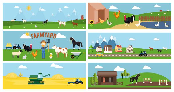 وکتور زیبا بنر کارتونی حیاط مزرعه برای صفحات وب و سایر طرح های گرافیکی