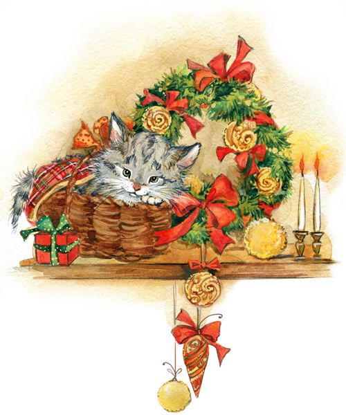 مجموعه تبریک سال نو درخت کریسمس و پس زمینه بچه گربه