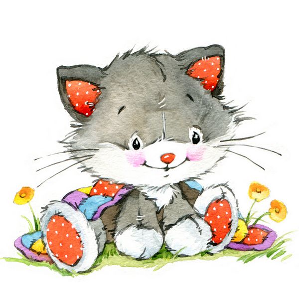 بچه گربه خنده دار گل و عنصر برای کارت تبریک تعطیلات و پس زمینه بچه ها آبرنگ