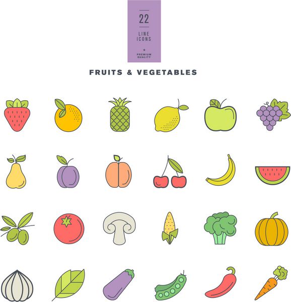 مجموعه ای از خط نمادهای رنگی مدرن برای میوه و سبزیجات
