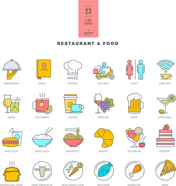 مجموعه ای از خط نمادهای رنگی مدرن برای رستوران و غذا