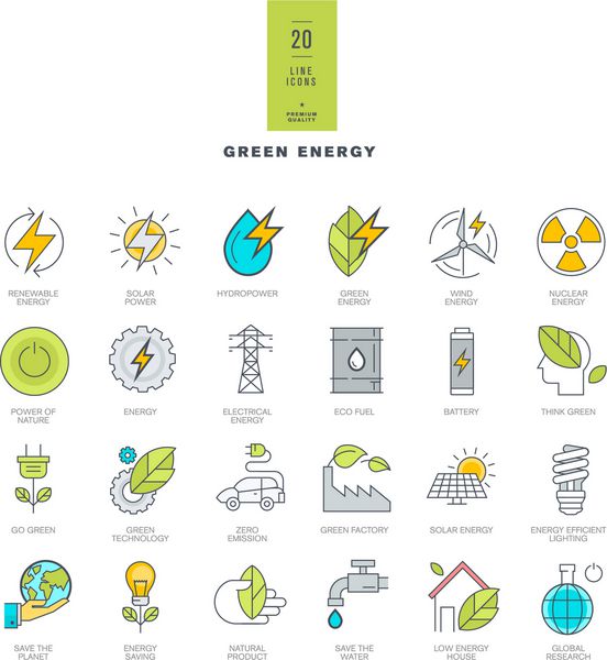 مجموعه ای از خطوط نمادهای رنگی مدرن برای انرژی سبز