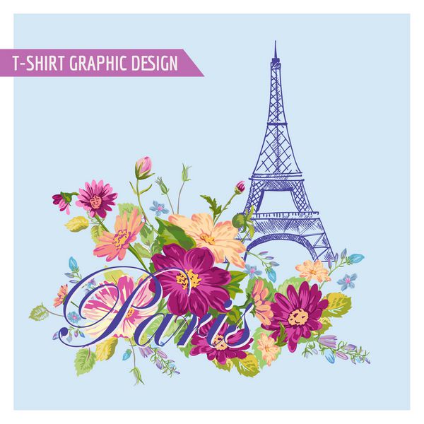 طرح گرافیکی گلدار پاریس - برای تی شرت مد چاپ - به صورت وکتور