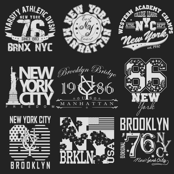 مجموعه لوگو گرافیکی تایپوگرافی شهر نیویورک طراحی چاپ تی شرت لباس اصلی nyc چاپ قدیمی برای پوشاک ورزشی - وکتور