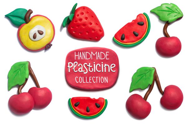 مجموعه میوه های تابستانی پلاستیکی دست ساز سیب توت فرنگی گیلاس هندوانه همه اشیاء دست ساز از پلاستیک و وضوح بزرگ