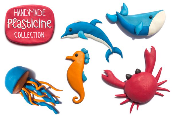 مجموعه حیوانات تابستانی از پلاستیکین دست ساز حیوانات زندگی دریایی همه اشیاء دست ساز از پلاستیکین وضوح بزرگ