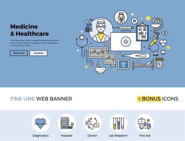 طراحی خط تخت قالب وب بنر با نمادهای کلی خدمات فوریت های پزشکی مهمان نوازی در کلینیک طب حرفه ای مفهوم وکتور مدرن برای وب سایت یا اینفوگرافیک