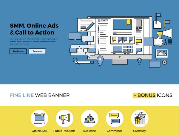 طراحی خط مسطح قالب بنر وب با نمادهای کلی راه حل بازاریابی رسانه های اجتماعی تبلیغات آنلاین برای ارتقاء برند مفهوم وکتور مدرن برای وب سایت یا اینفوگرافیک