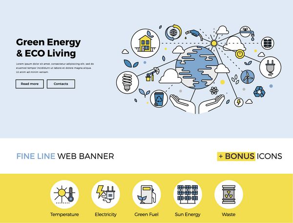 طراحی خط مسطح قالب بنر وب با نمادهای کلی فناوری پاک برای انرژی سبز نجات سیاره زندگی مراقبت از محیط زیست مفهوم وکتور مدرن برای وب سایت یا اینفوگرافیک
